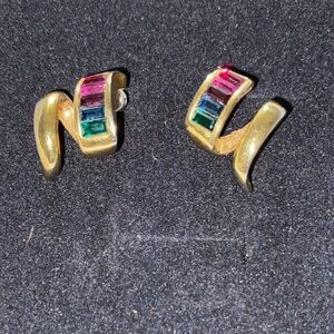 Signed ROMAN Gold tone rainbow crystals Multi-Color Earrings